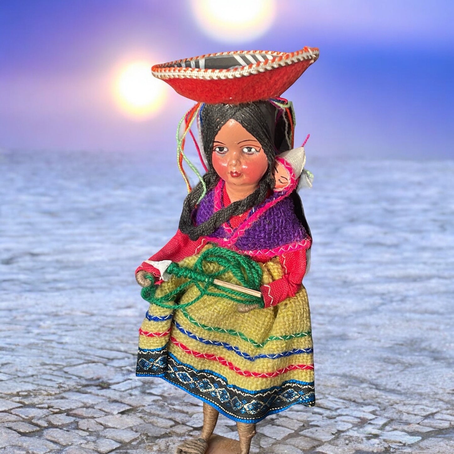 Vintage collectible handmade Peruvian folk art doll - woman and baby