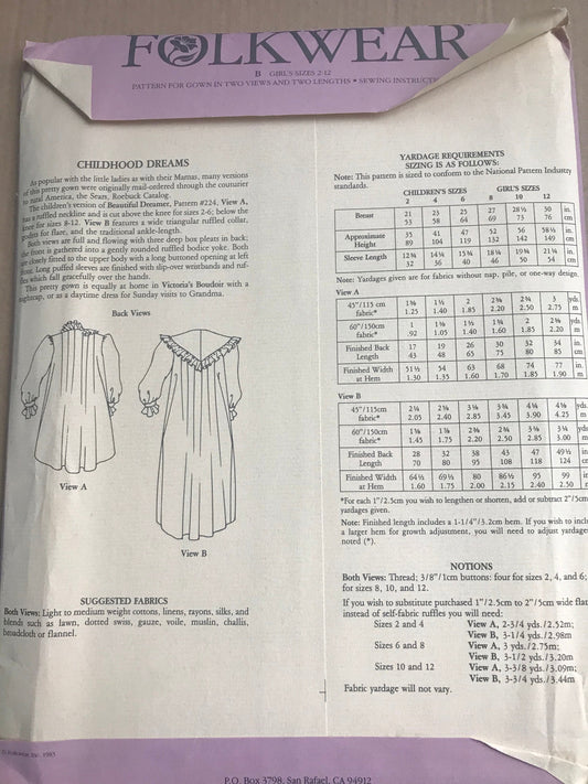 RARE Folkwear sewing pattern #225 - uncut - Sewing Pattern - Childhood Dreams