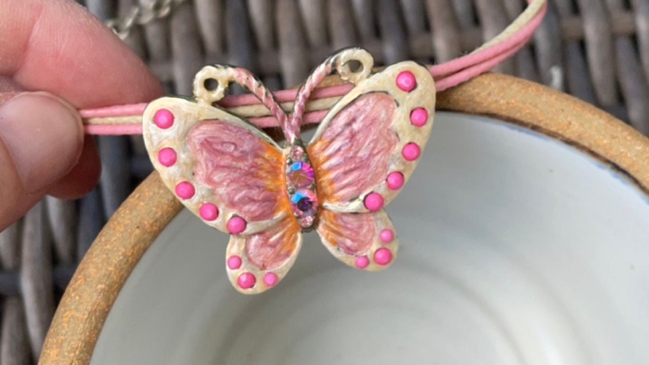 Unique butterfly necklace - pink and cream with pink studs