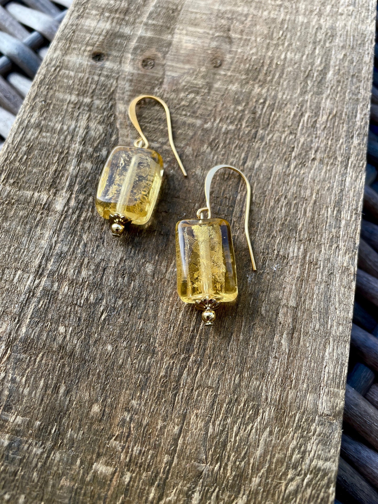 Rectangular yellow golden glass dangle earrings - with sloped ear wires