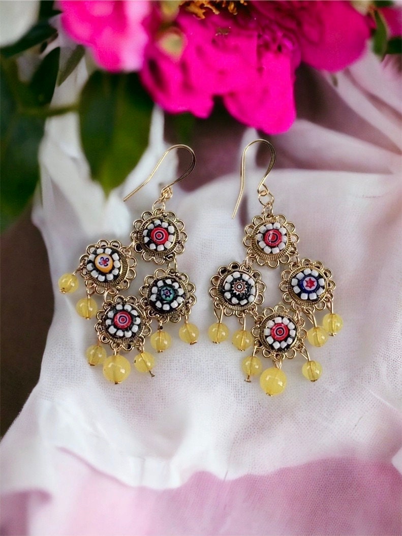 Handmade Italian millefiori mosaic dangle earrings with beads