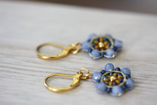 Tiny little dangles hand beaded seed bead  earrings - shades of blue and gold with goldtone center