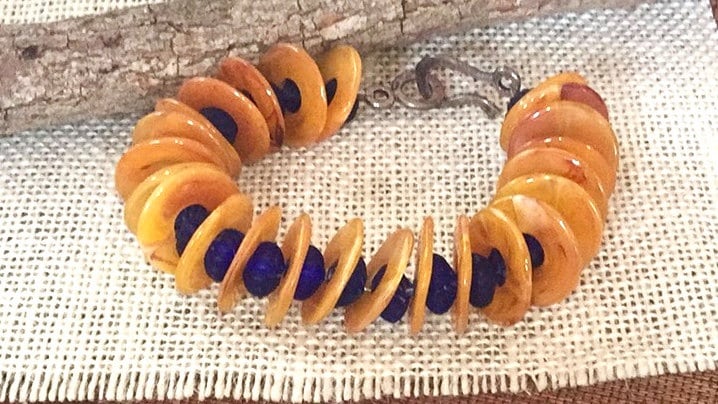Unique vintage modern-style orange & blue chunky beaded bracelet - mixed materials