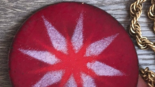 Unique mid century modern vintage enamel on copper necklace - red