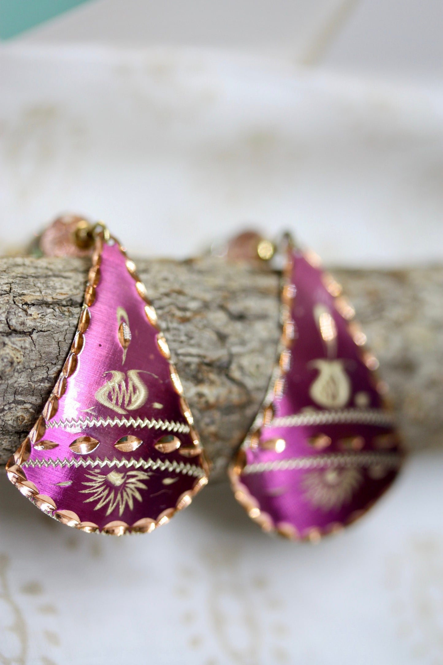 Upcycled pink etched copper dangles with new crystals and beadwork