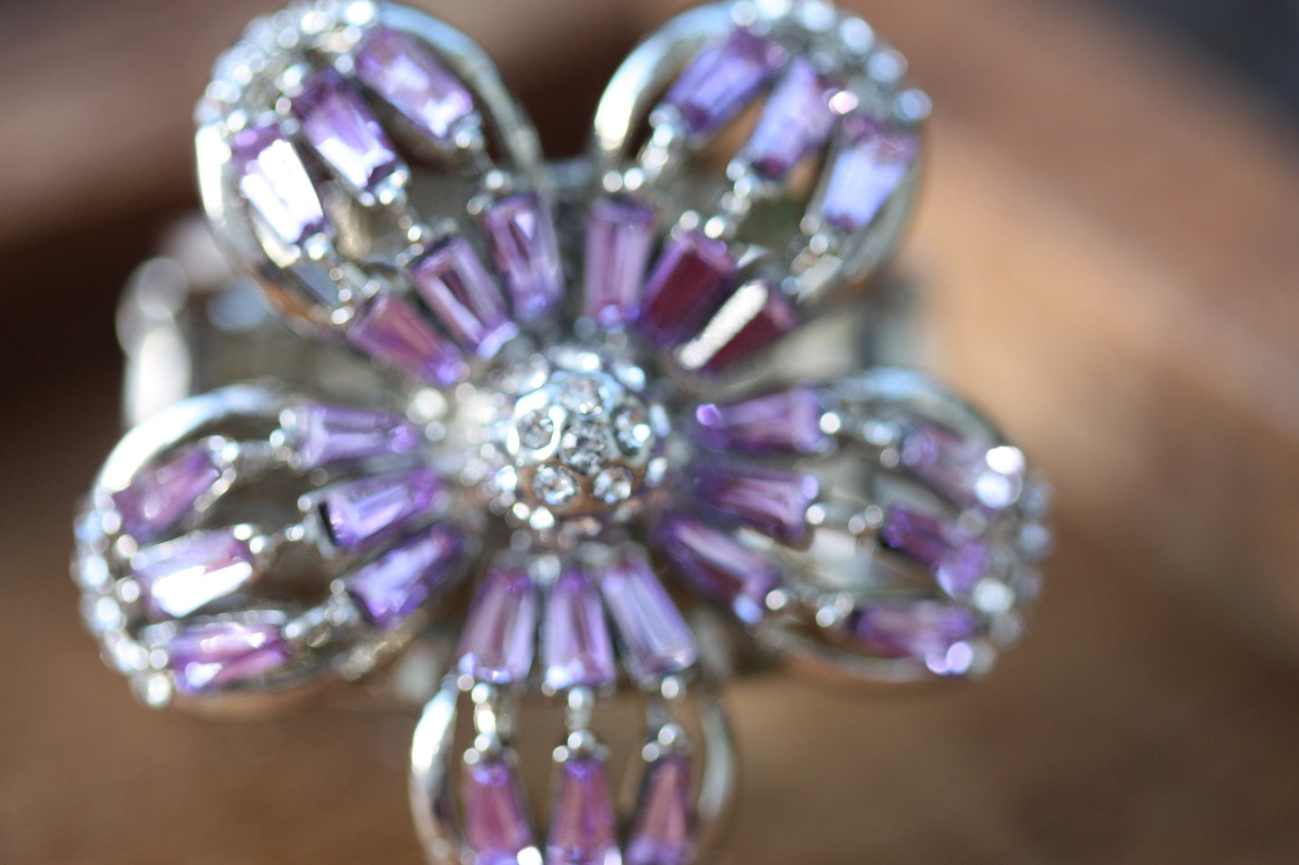 Stunning and unique vintage clear rhinestones and purple baguettes flower ring