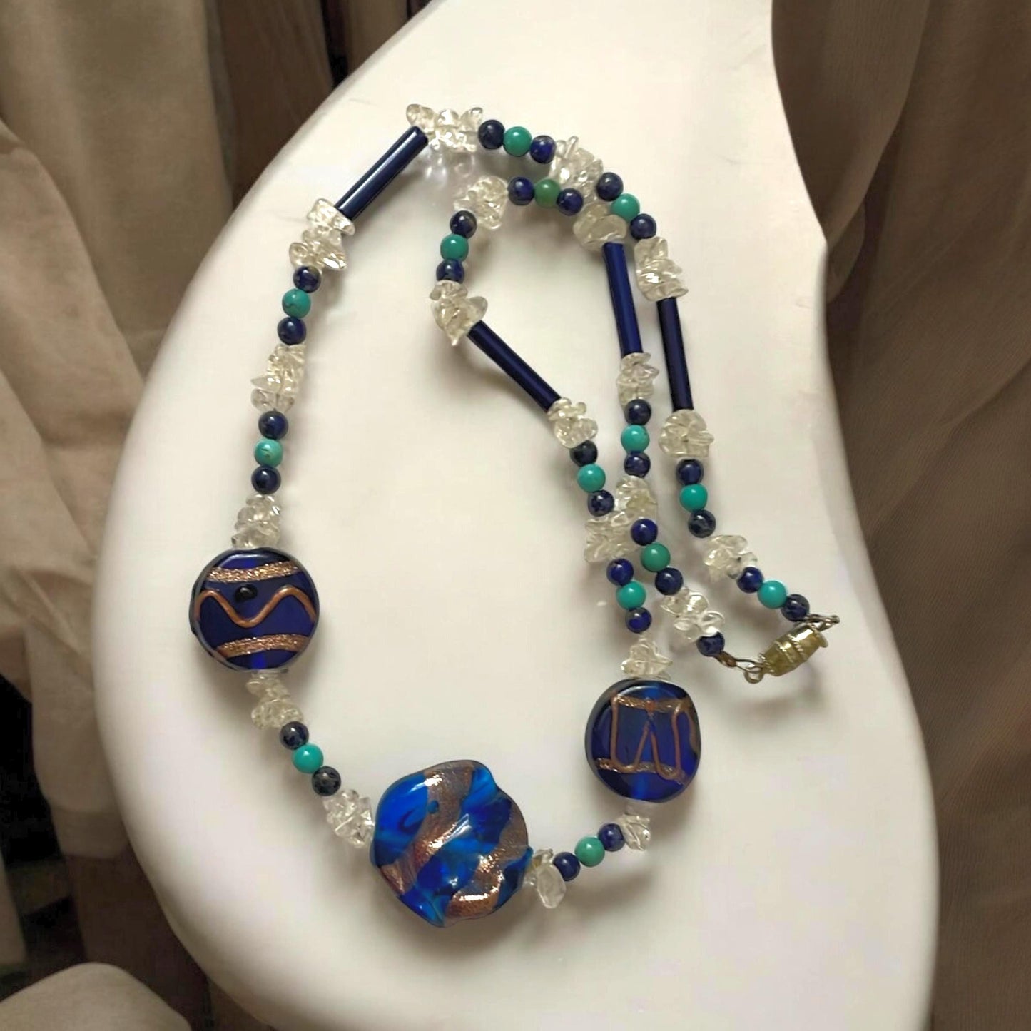 Cobalt blue art glass beaded necklace with semi precious stone chips, black tubes and turquoise/black beads