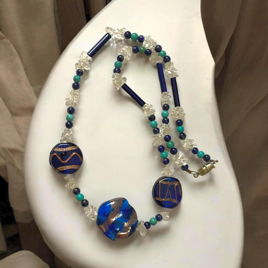 Cobalt blue art glass beaded necklace with semi precious stone chips, black tubes and turquoise/black beads