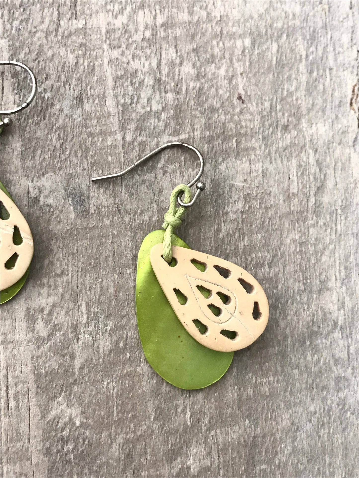 Unique lime green abalone & etched wood vintage dangle earrings