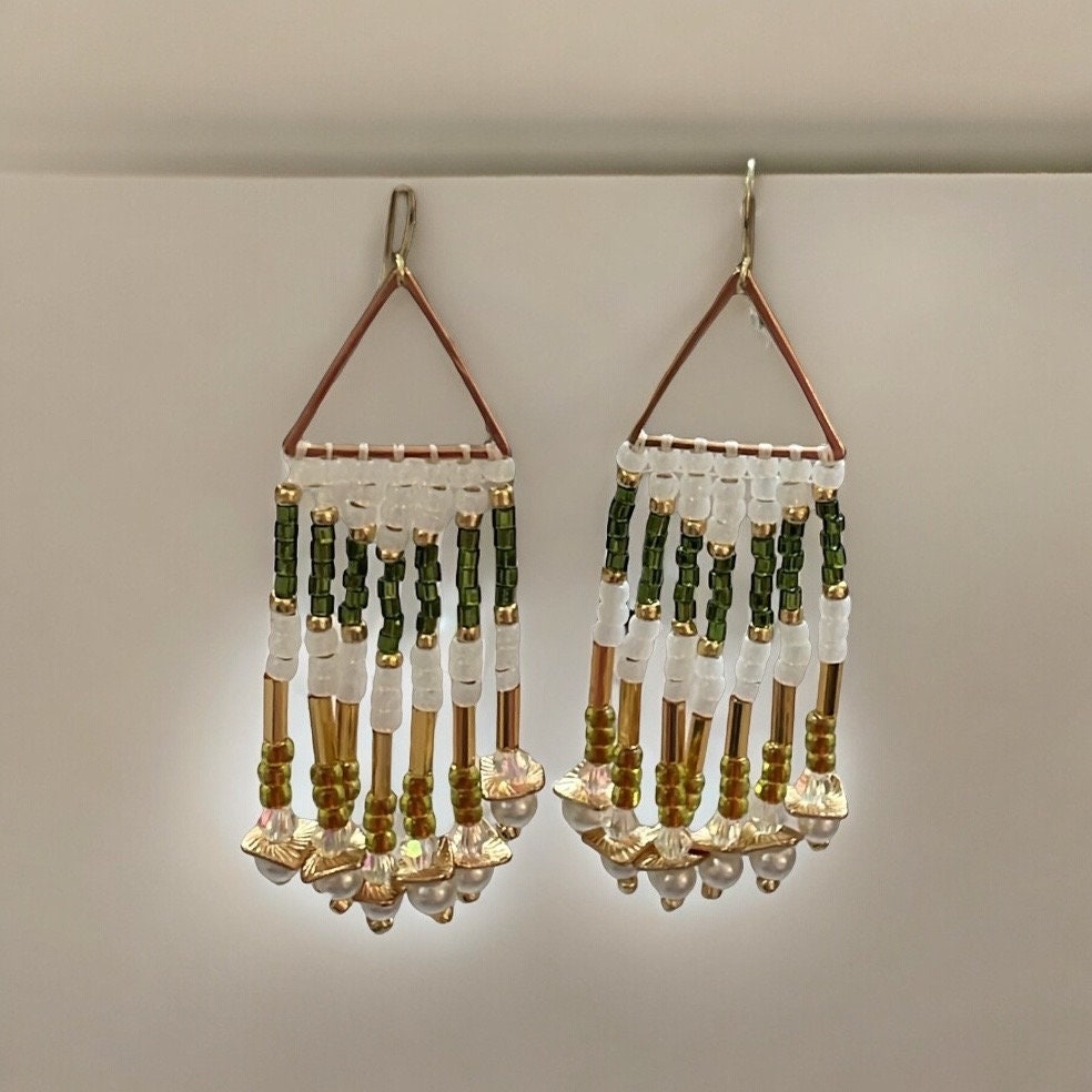 Hand beaded stunning dangle  earrings - emerald green and gold with white faux pearls