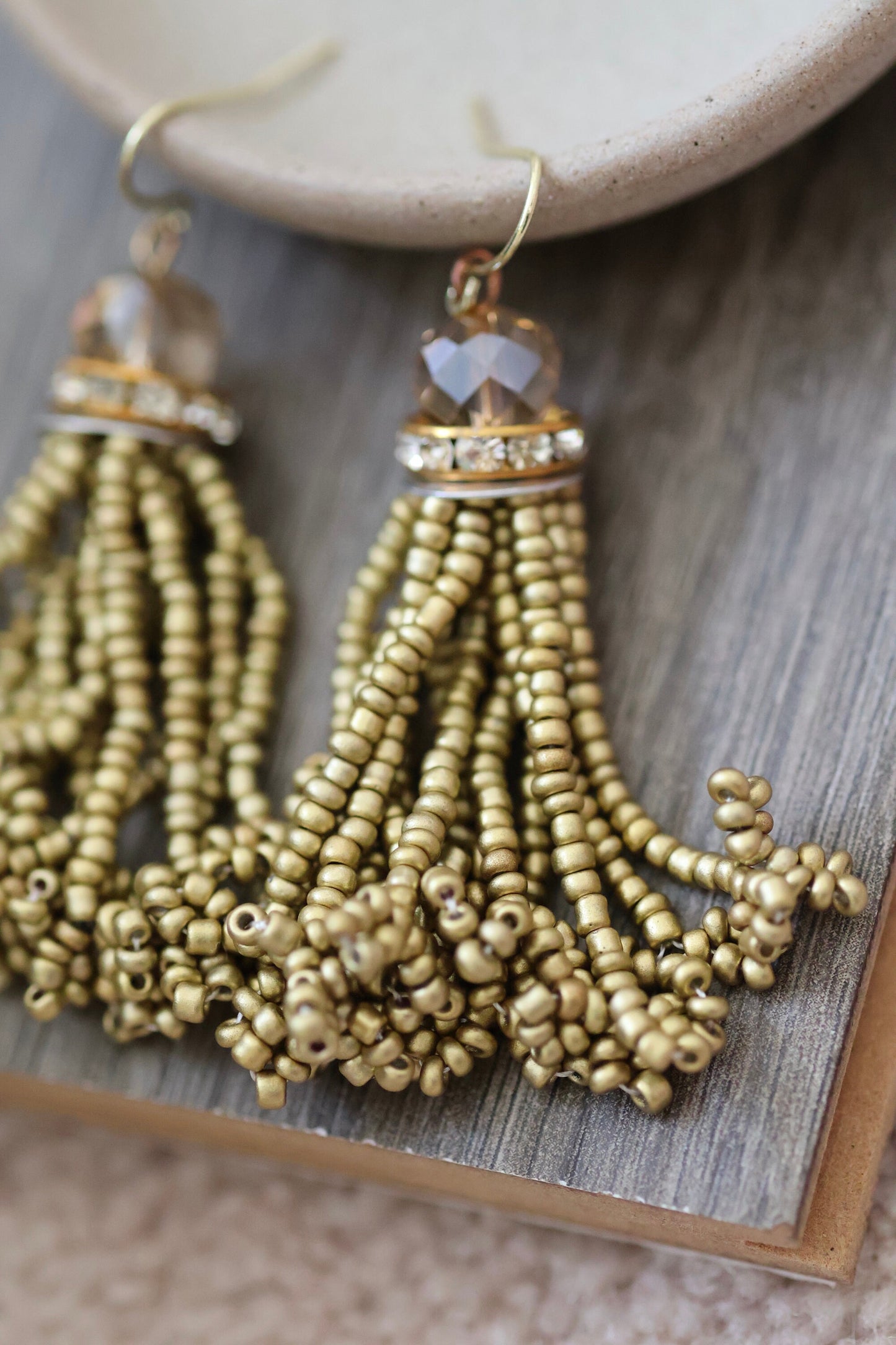 Stunning vintage beadwork gold tassel and crystal dangle earrings