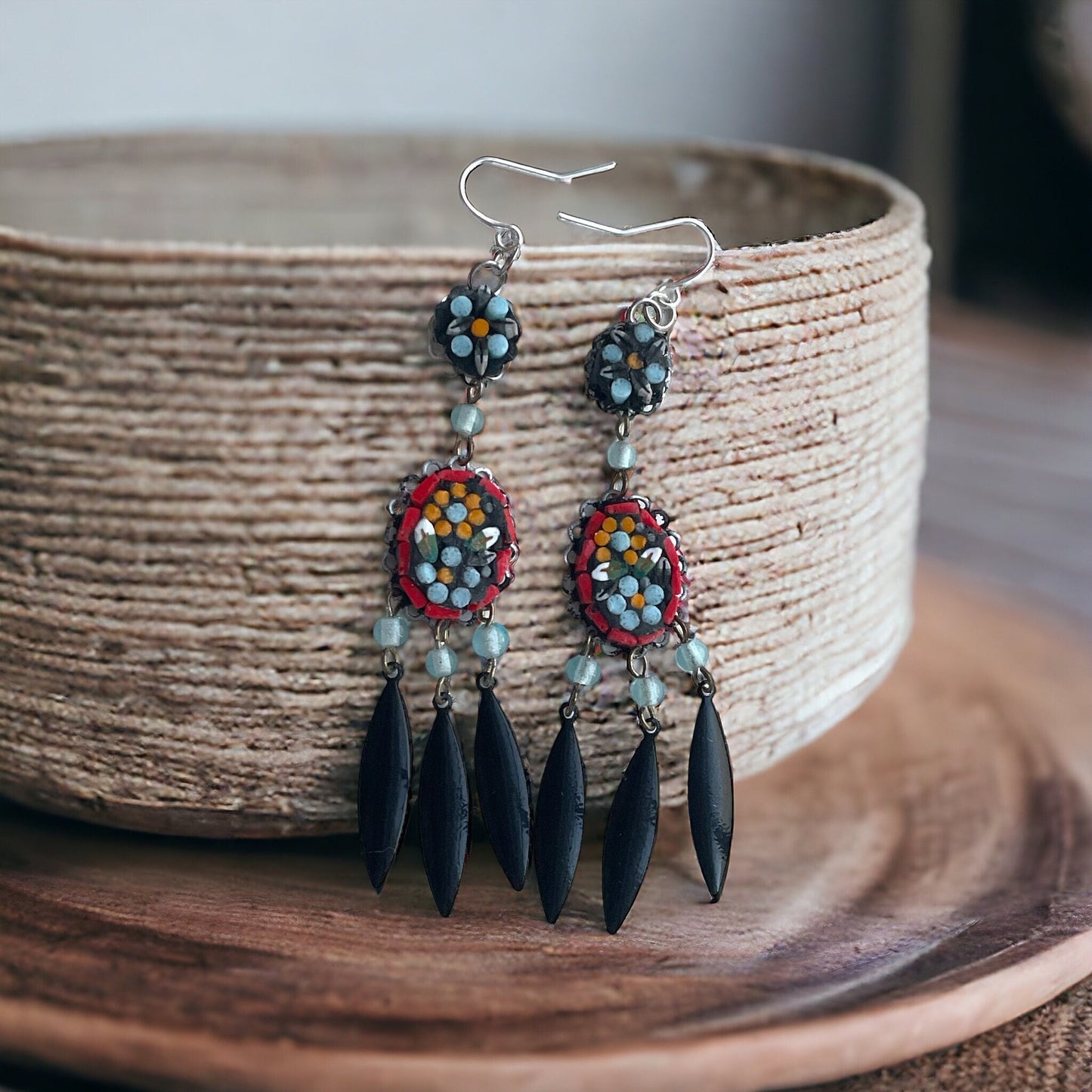 My own handmade Italian style hand cut micro mosaic millefiori glass dangle earrings