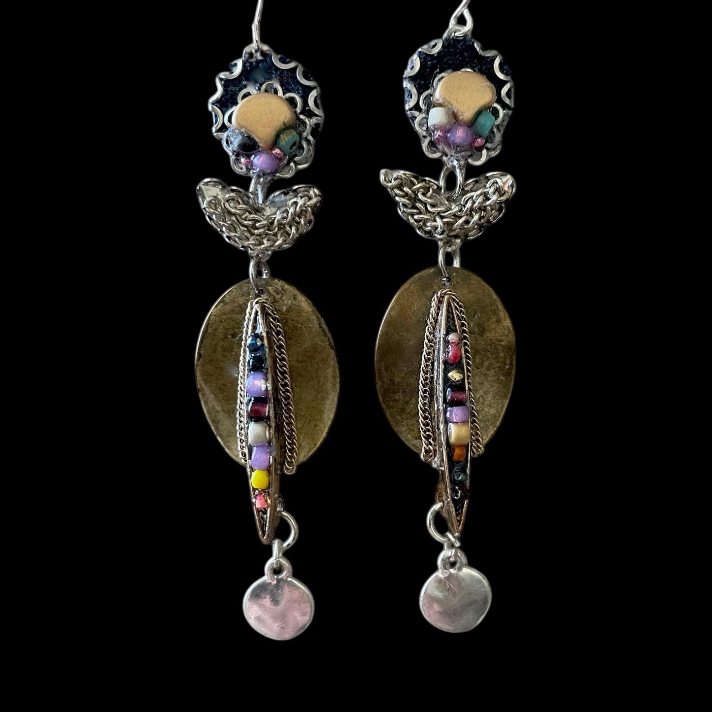 Handmade mixed media earrings made with copper, glass, denim, varied tones of chain and mixed metals, sterling silver ear wires