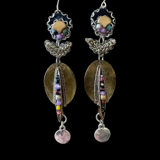 Handmade mixed media earrings made with copper, glass, denim, varied tones of chain and mixed metals, sterling silver ear wires