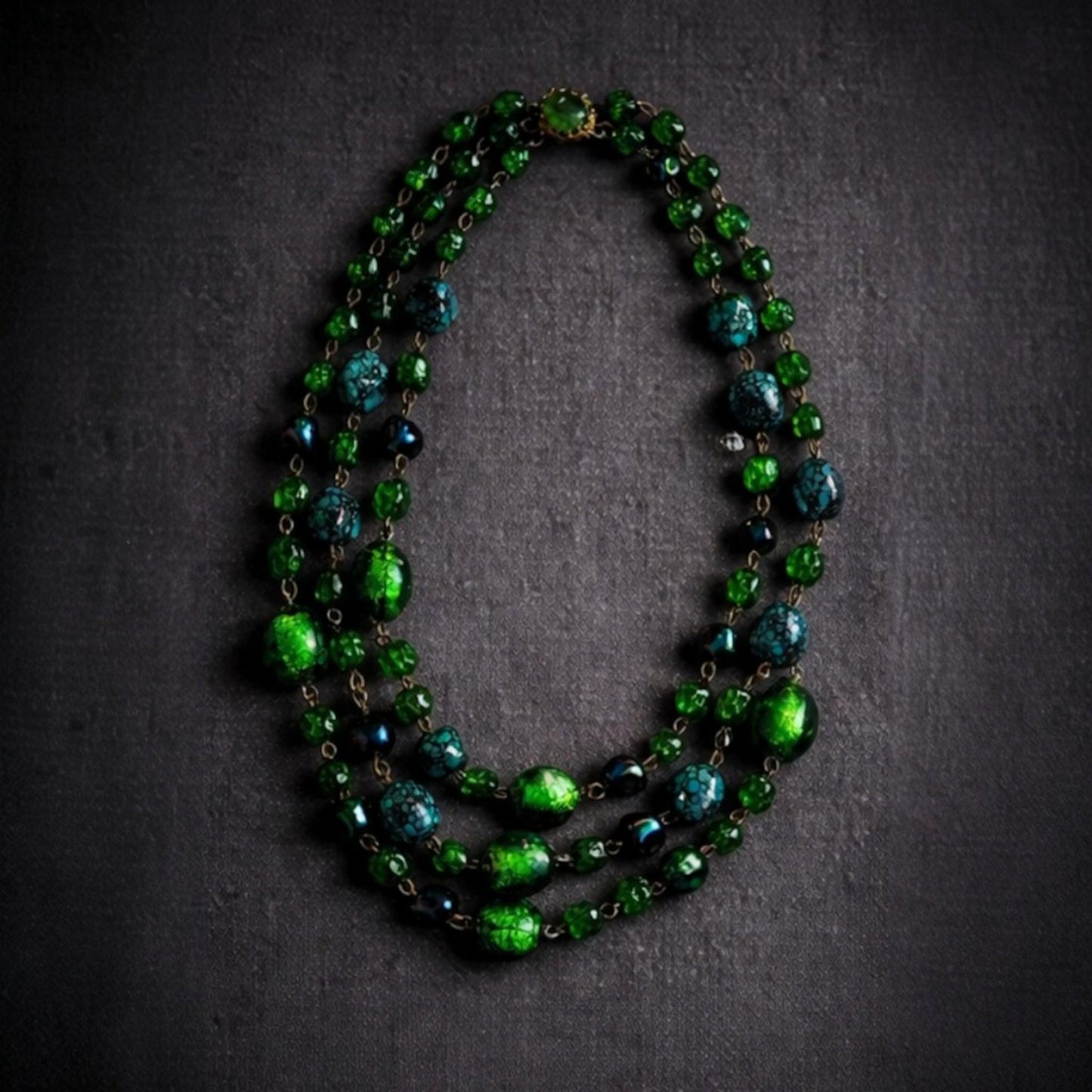 Vintage Emerald Green Glass Necklace, 3 Strand Art Deco Style Statement Necklace, Foil Glass & Turquoise Look Synthetic Beads