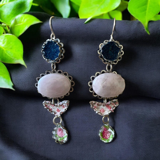 Handmade earrings featuring rose quartz, metal findings, denim, pink dotted fabric, embroidered flowers.  Sterling silver ear wires.