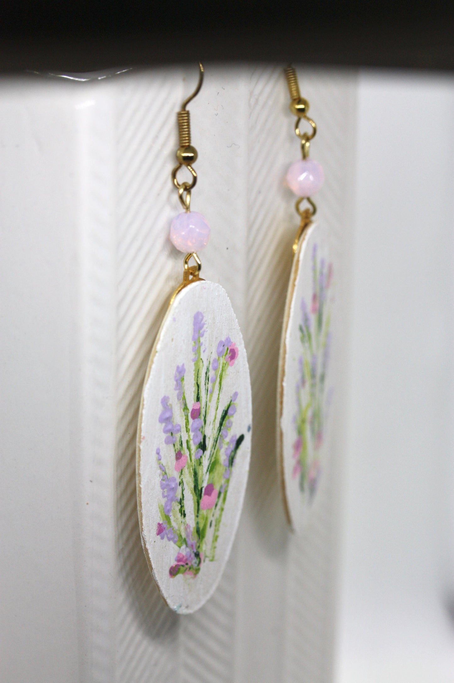 My original handpainted oval wood earrings with bead trim