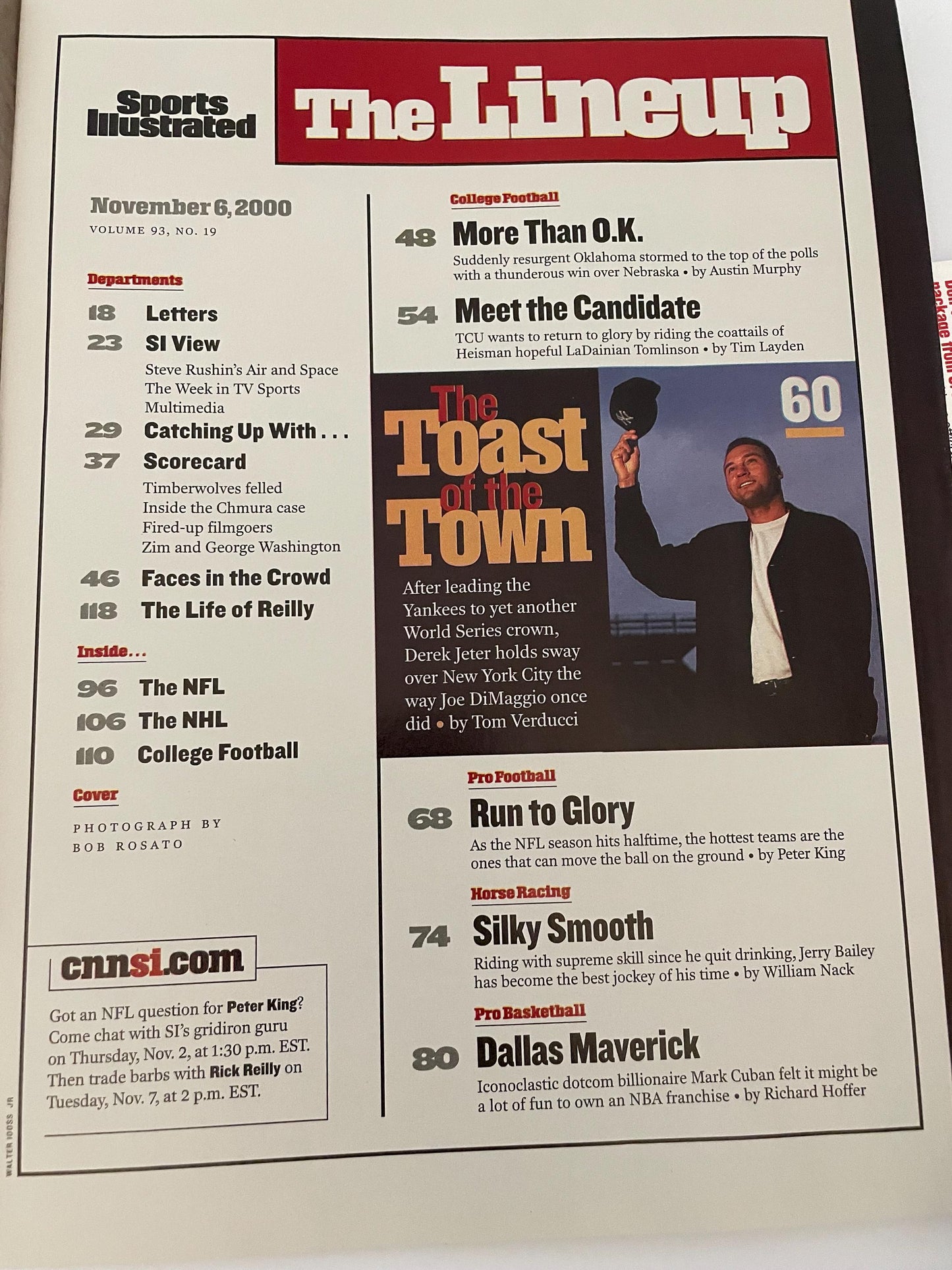 Sports Illustrated Magazine complete issue - November 6, 2000 - Back on Top - Nebraska / Oklahoma - Football