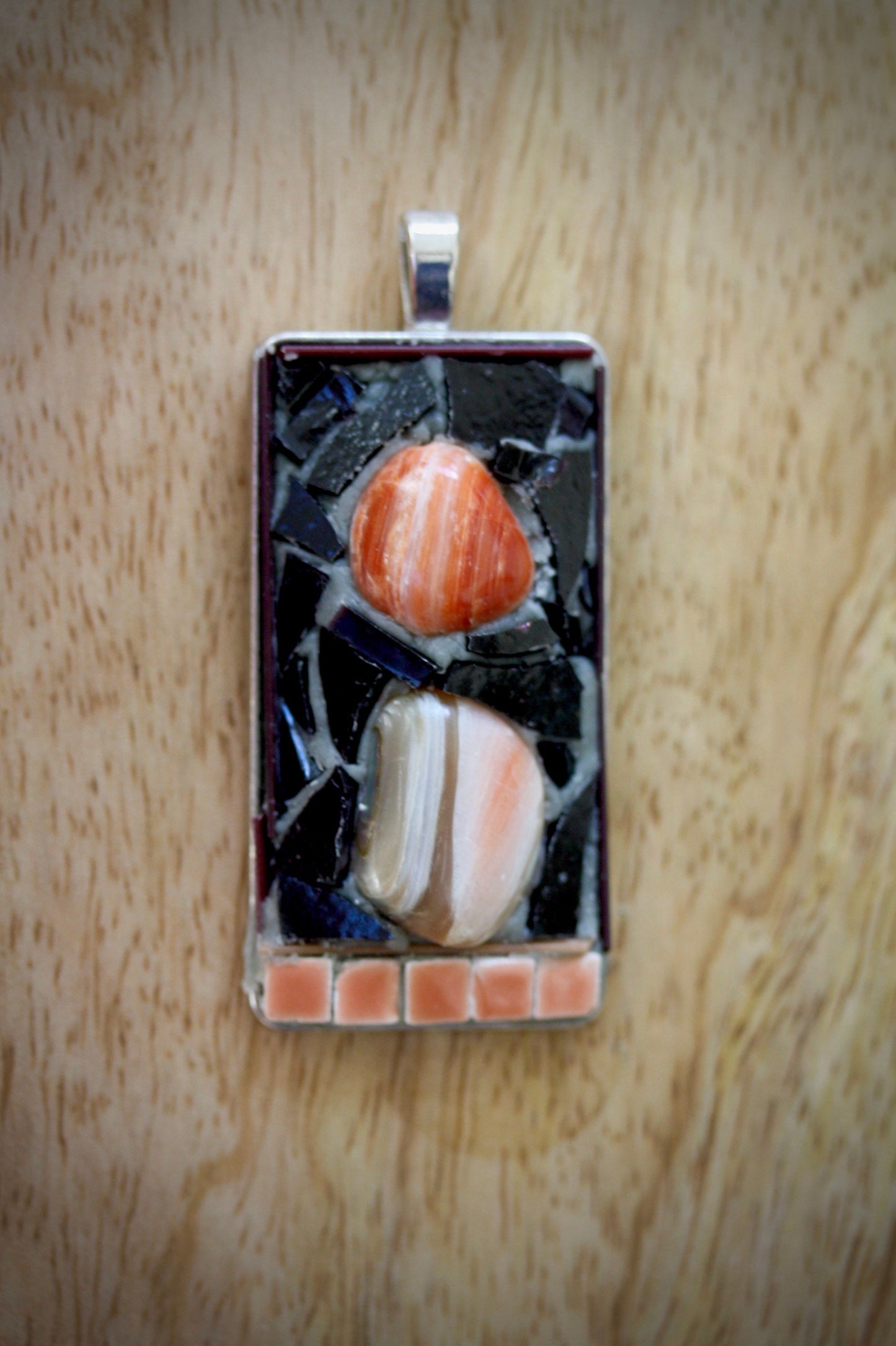 Handmade mixed material mosaic necklace - abalone, black glass, terra cotta orange colored ceramic