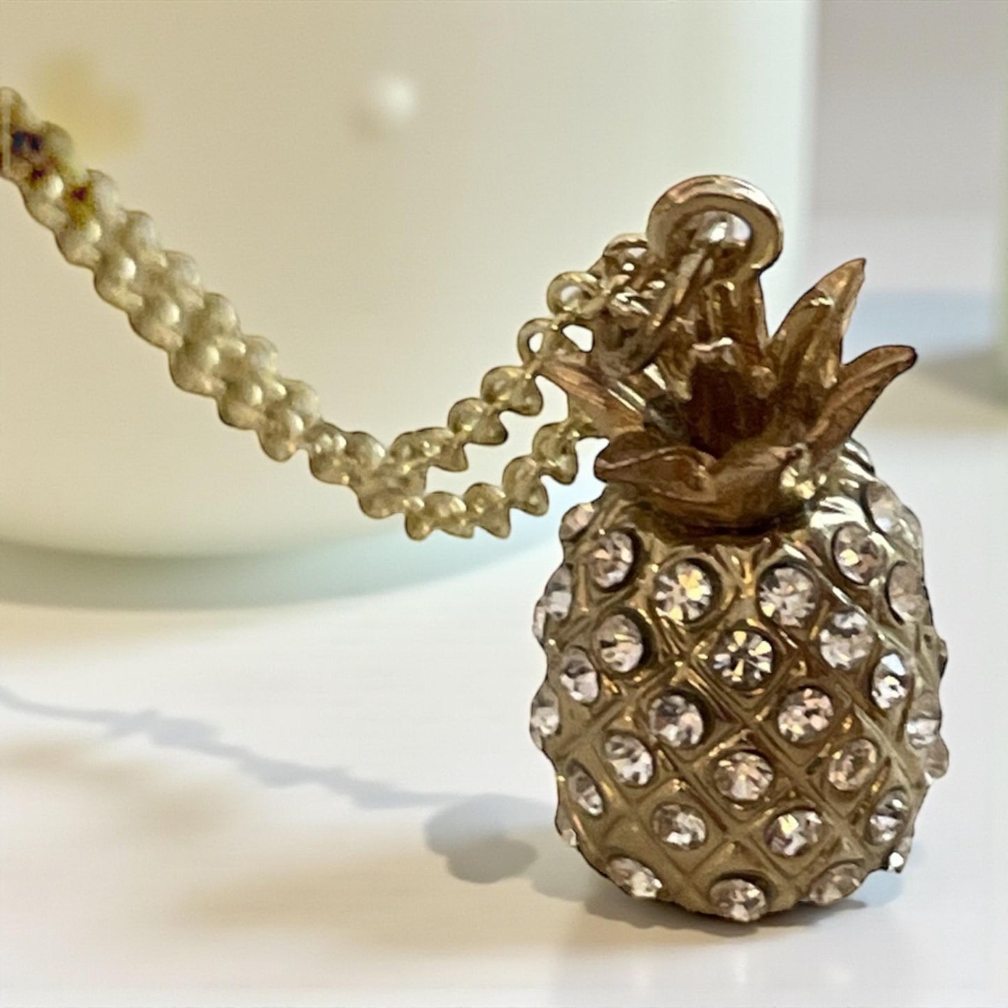 Gold Pineapple Necklace with Clear Rhinestones – Tropical Pendant Jewelry