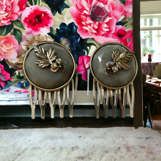 Pair of small 1" silvery gray round hair combs with silver leaves, rhinestones, faux baby pearls and upcycled metal components