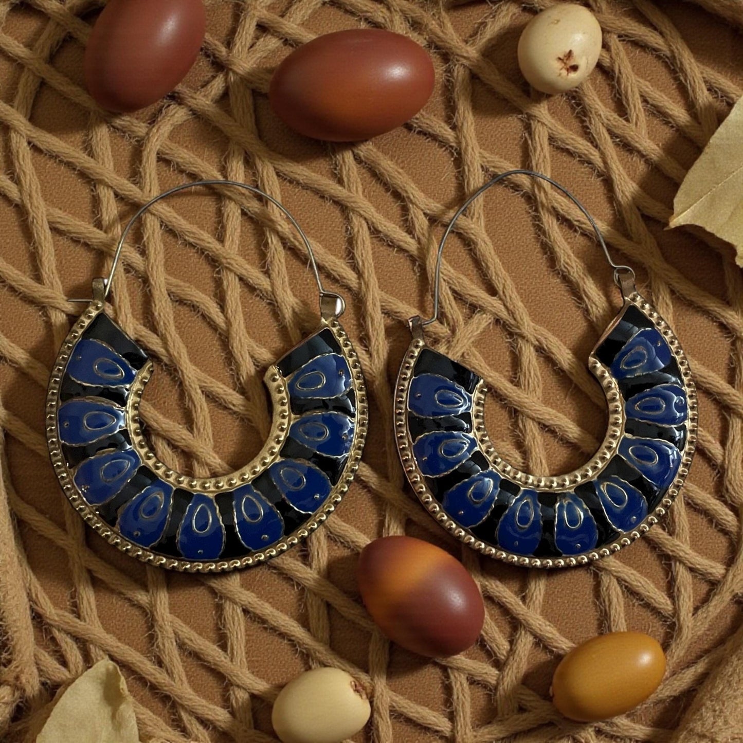 Vintage Brass & Blue Enamel Hoop Earrings – Boho Tribal Style Statement Earrings, Retro Artisan Jewelry