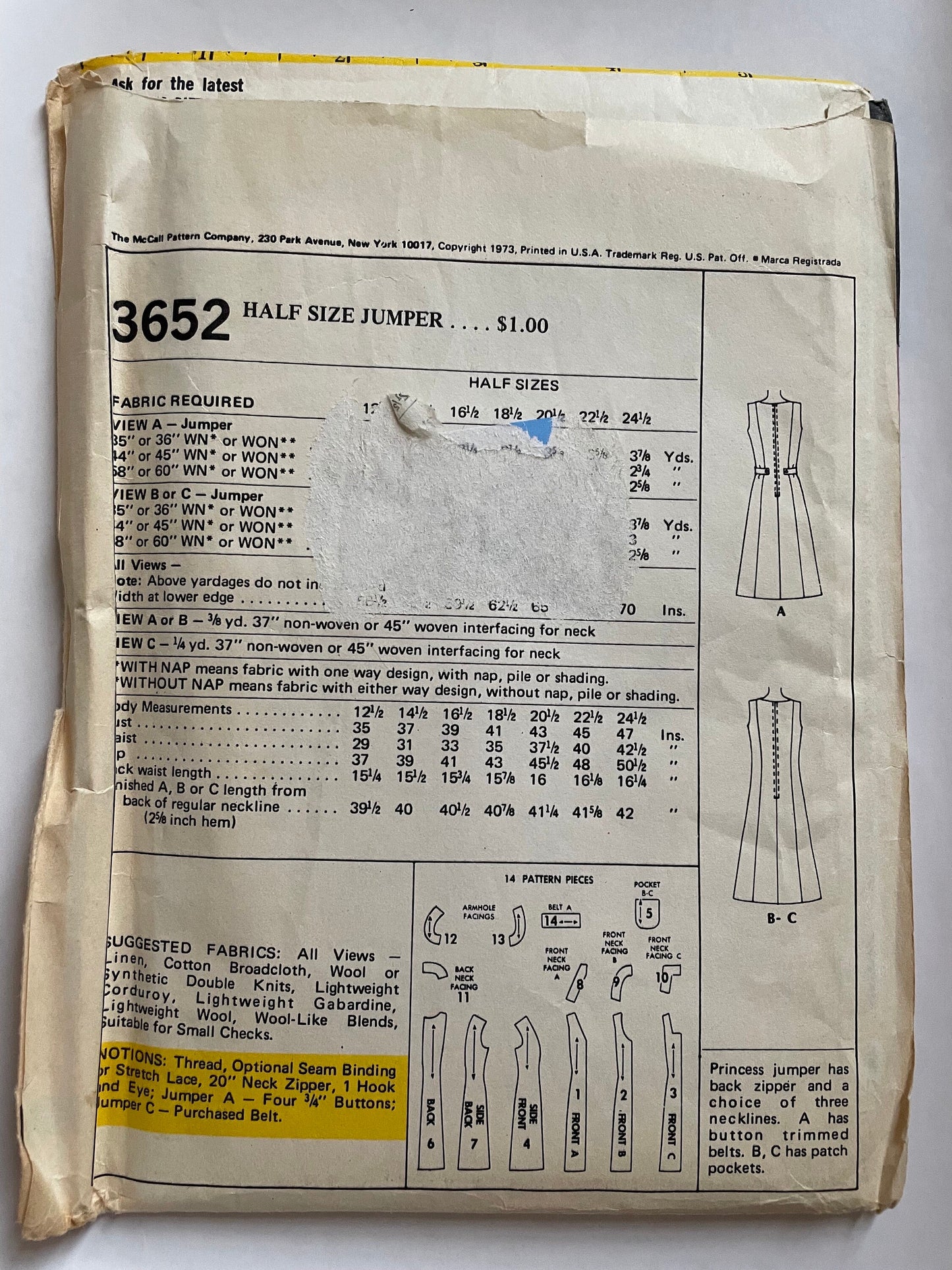 UNCUT Sewing Pattern - 1973 McCall's 3652 - Jumpers / dresses - sizes 12 - 24