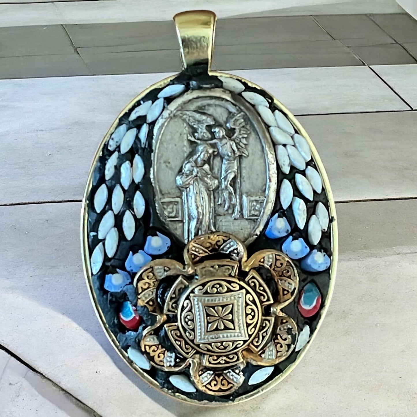 Handmade Micro Mosaic Oval Necklace – Vintage Christian Pendant and Damascene surrounded by hand cut Inlaid Glass Mosaic – Mixed Media