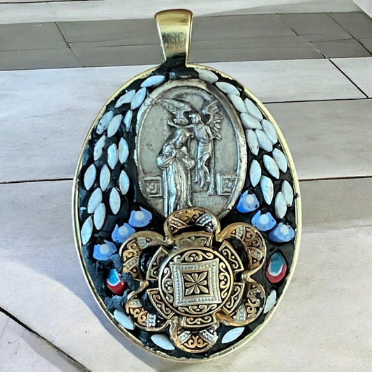 Handmade Micro Mosaic Oval Necklace – Vintage Christian Pendant and Damascene surrounded by hand cut Inlaid Glass Mosaic – Mixed Media