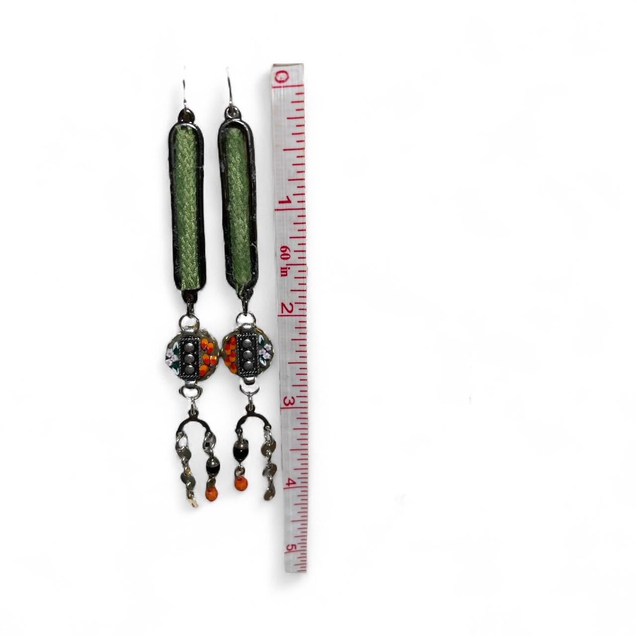 Handcrafted Boho Mosaic Dangle Earrings –Green Woven Fabric & Beaded Drop Earrings, Artisan Statement Jewelry, Colorful Mixed Media Earrings