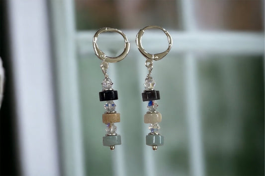Handmade dangle earrings - turquoise, cream and black stone interspersed with Swarovski crystals - huggie ear wires