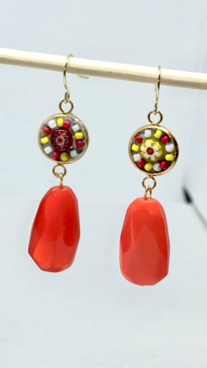 Mosaic inlaid glass and millefiori beads with large uniquely shaped glass dangles