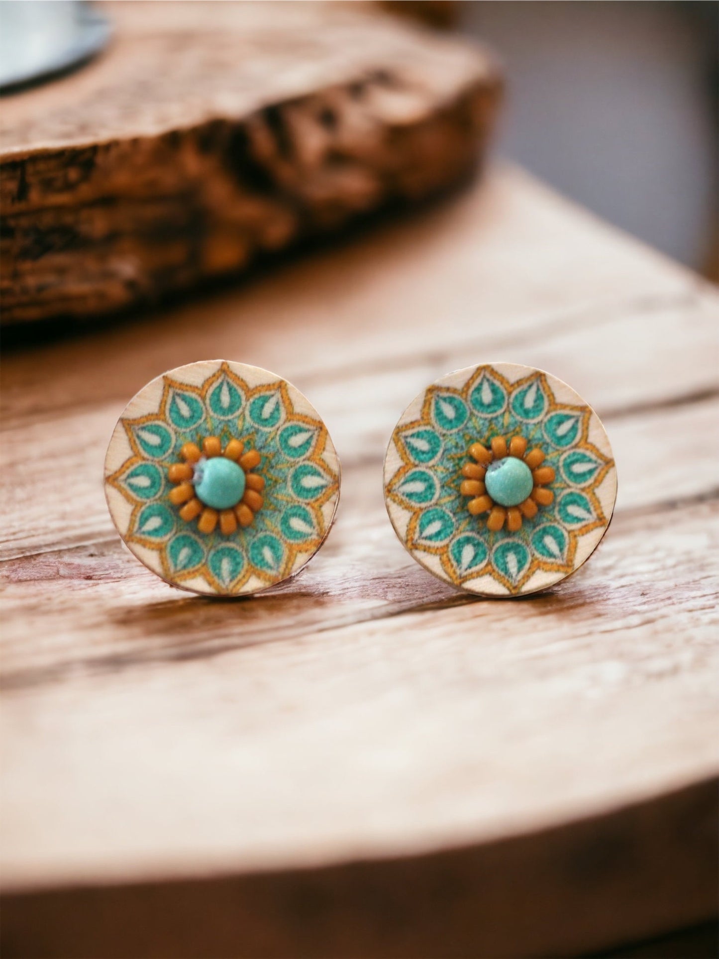 Stunning beadwork mandala stud earrings - turquoise, yellow and cream