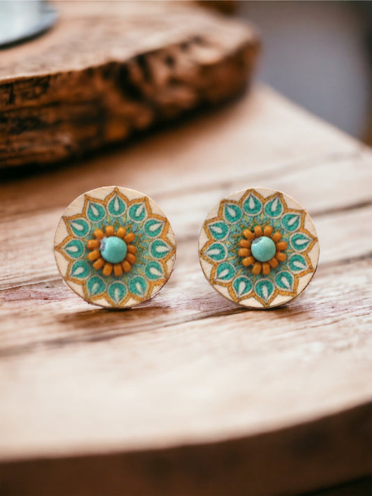 Stunning beadwork mandala stud earrings - turquoise, yellow and cream