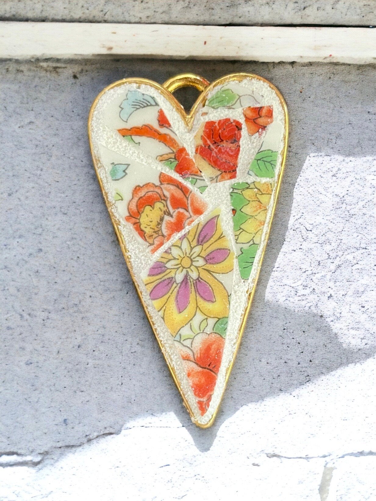 My handmade mosaic heart necklace - made from hand cut pieces of a broken vintage dish