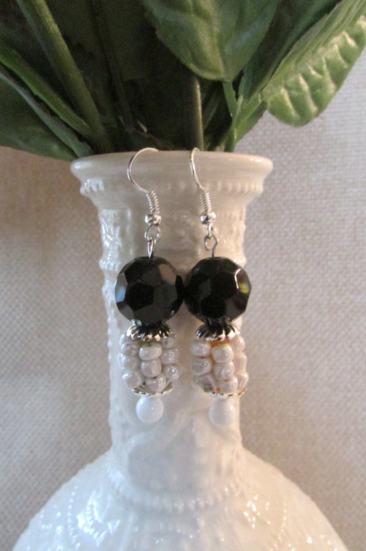 Black and white beaded dangle earrings