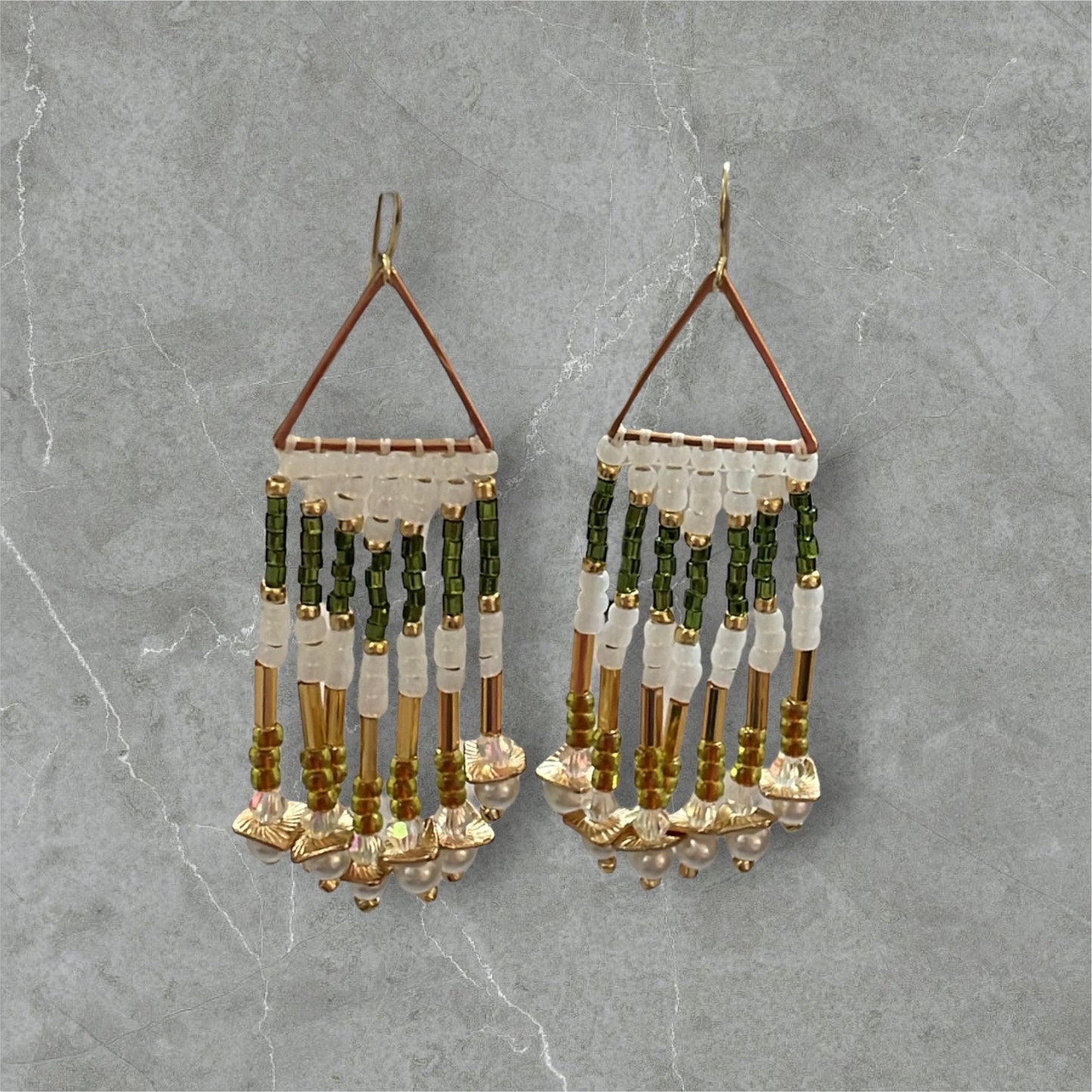 Hand beaded stunning dangle  earrings - emerald green and gold with white faux pearls