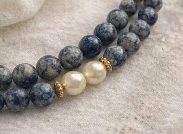 Long Blue Sodalite & Faux Pearl Necklace 32” Vintage Beaded Strand Gold Spacers Layering Statement Jewelry