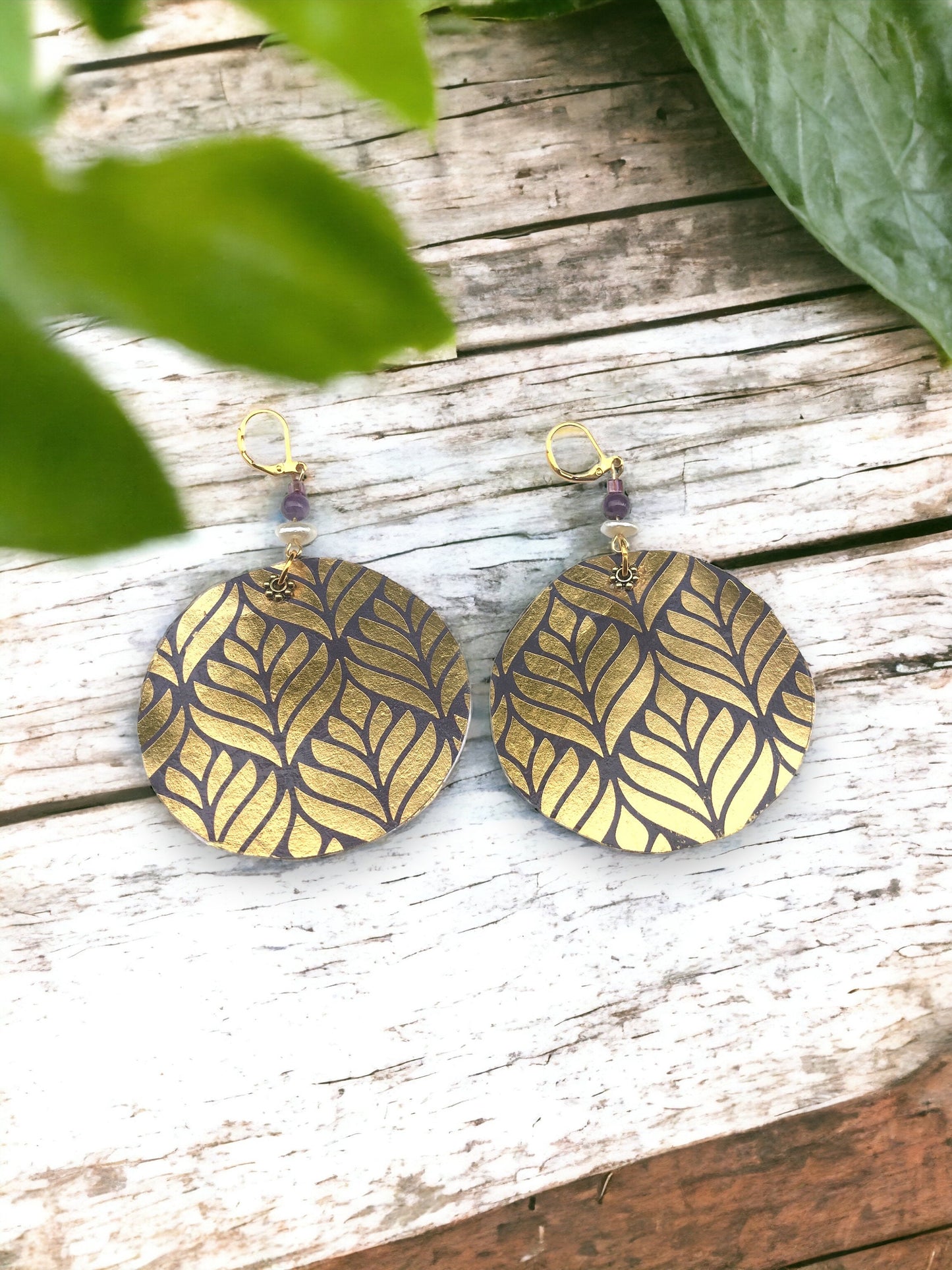 Incredibly lightweight handmade earrings - made of mixed materials - specialty Asian paper, pearls, metal