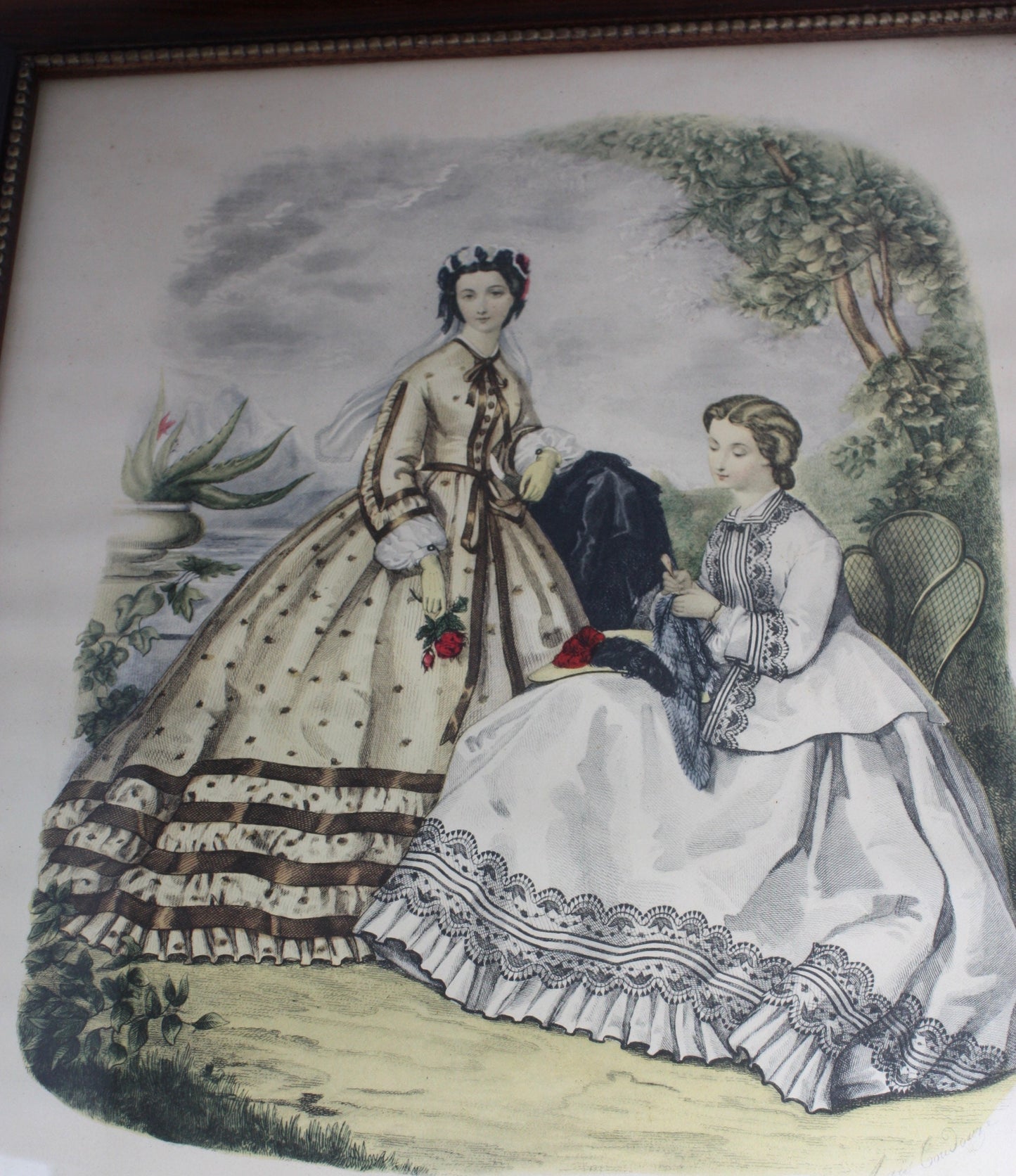 Framed antique FRENCH FASHION PLATE La Mode Illustree 1862 Fashion Illustration - 21" x 17" - Antique Fashion Print