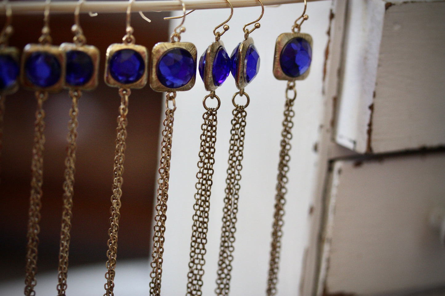 Super long 4-inch royal blue rhinestone and metal tassel dangle earrings