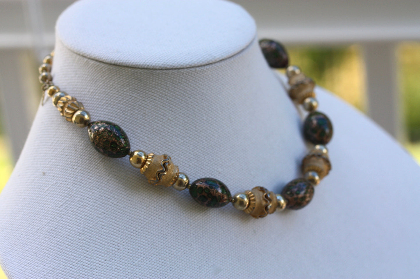 Rare Crown Trifari 1950's Murano Glass Beaded Etruscan Style Necklace - green and gold