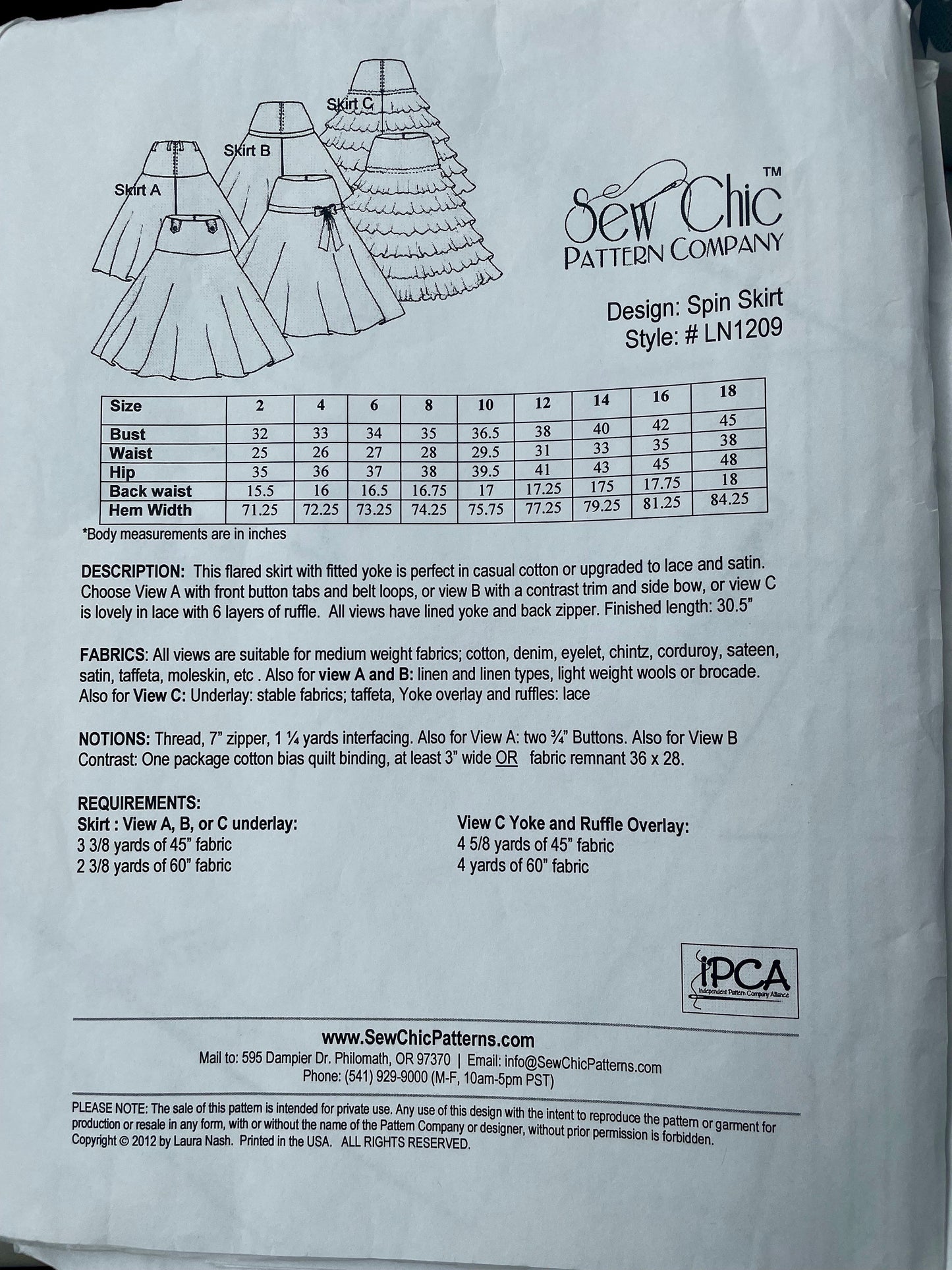 UNCUT Sewing Pattern - Sew Chic Pattern LN 1209 Flared Spin Skirt ~ Sizes 2 - 18