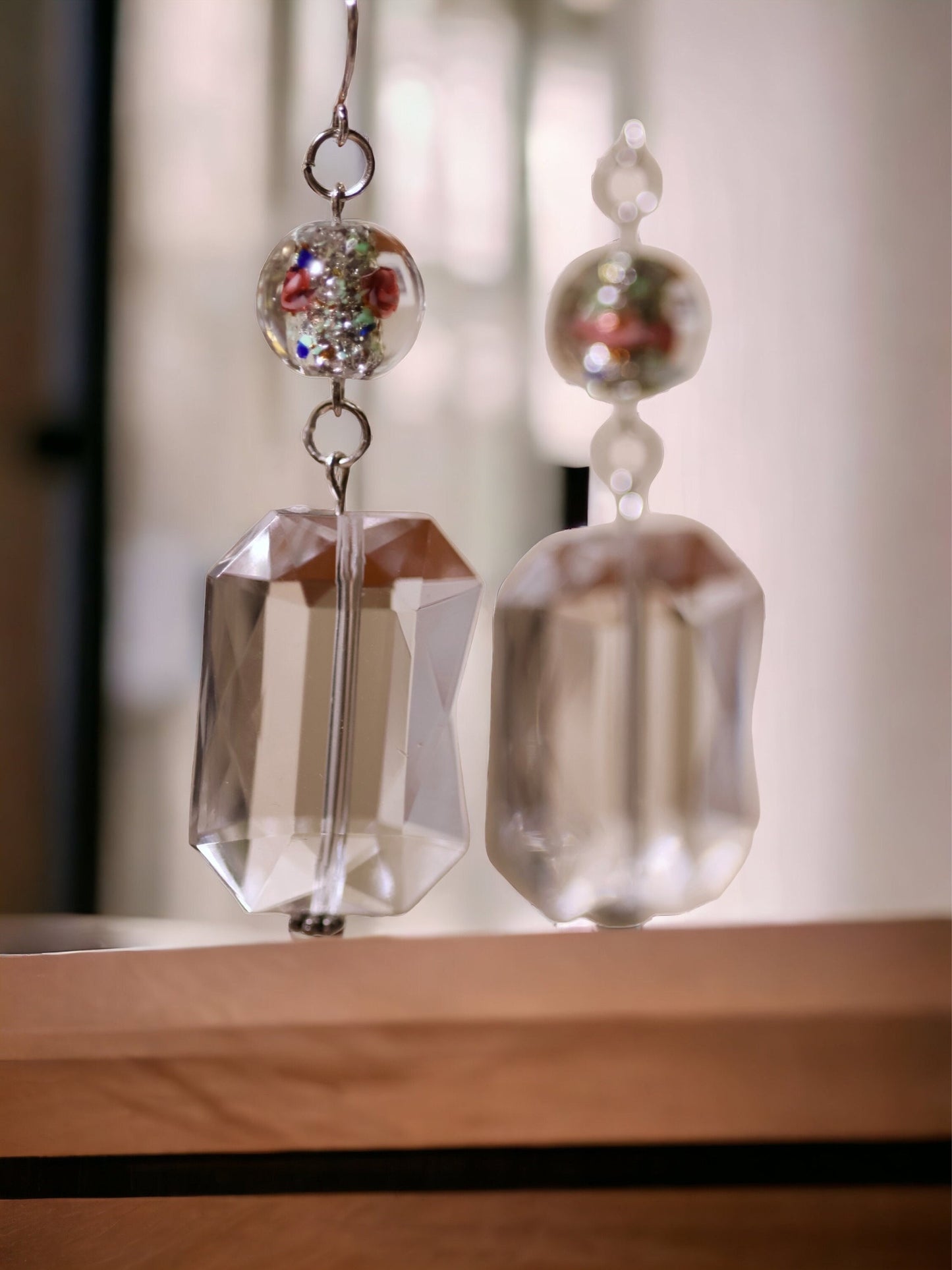 Clear bevel cut acrylic 2" rectangular shaped dangle earrings with Czech foiled lampwork glass floating rose beads