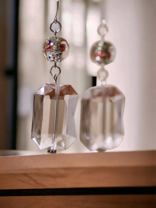 Clear bevel cut acrylic 2" rectangular shaped dangle earrings with Czech foiled lampwork glass floating rose beads