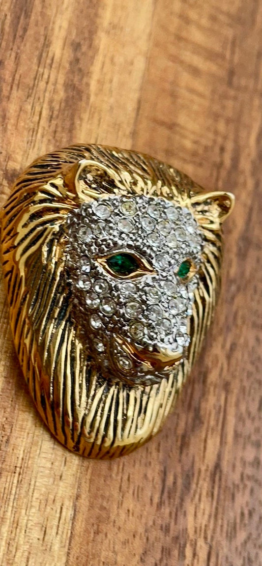 Stunning pave rhinestone lion's head vintage pin, green eyes - vintage brooch