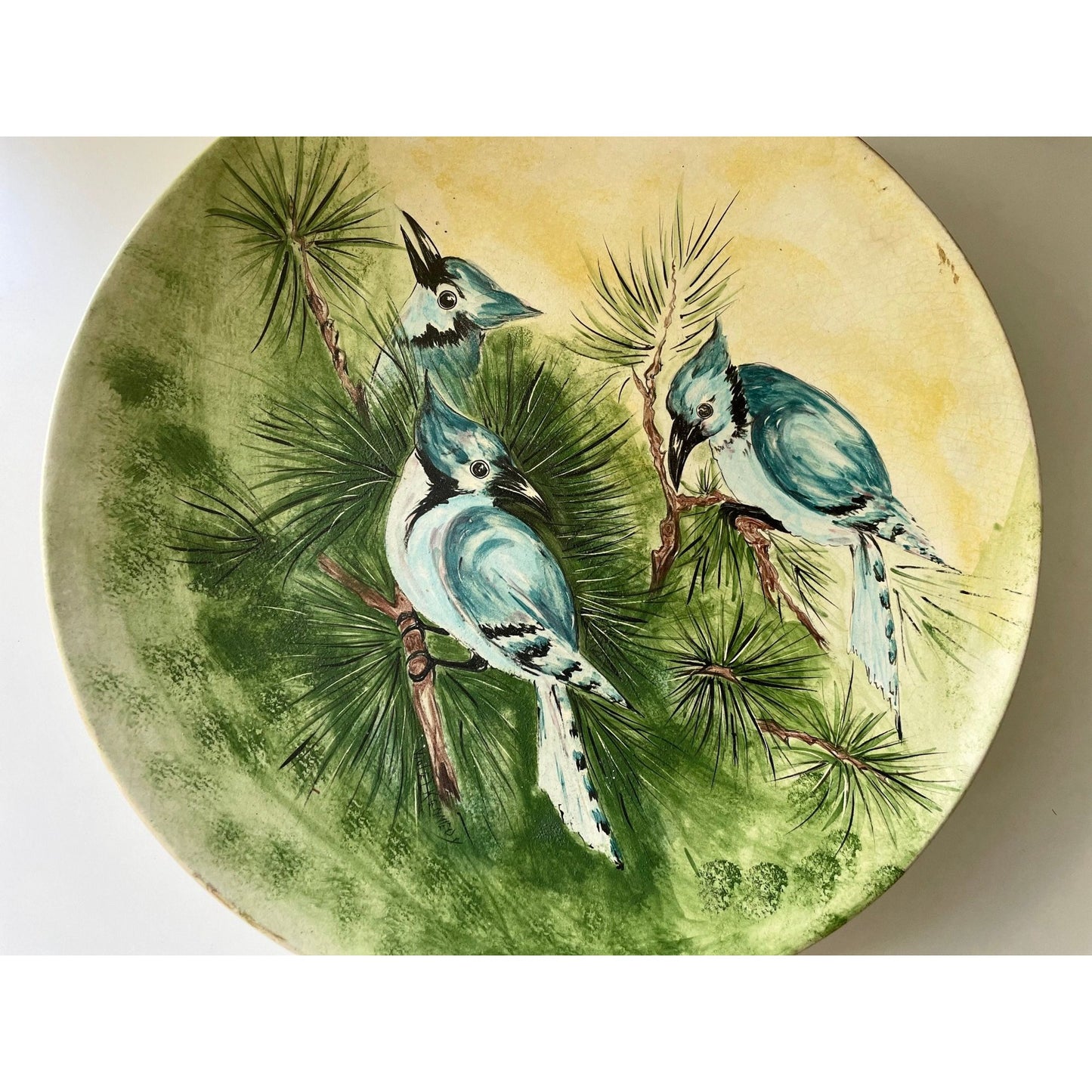 Magnificent vintage handmade, handpainted bird dish - painted terracotta, unsigned