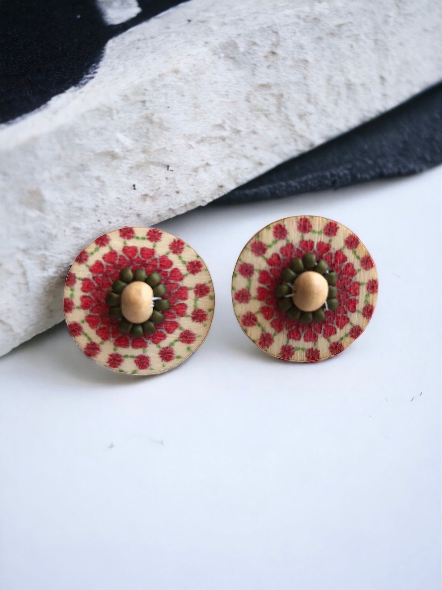 Stunning beadwork mandala stud earrings - red, natural tan and brown