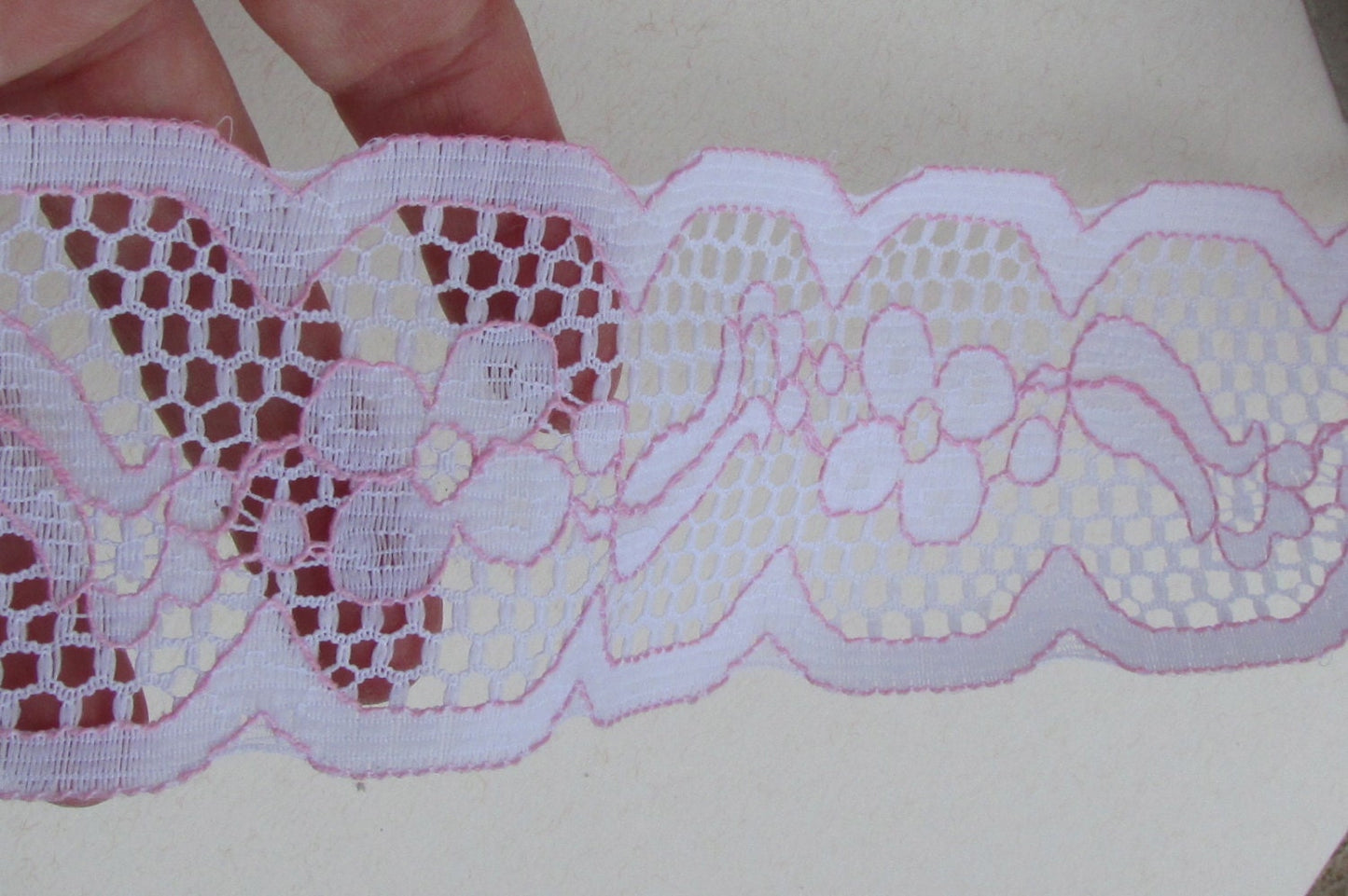 Wide (2 and one-quarter inches wide) vintage floral pink and white lace - by the yard