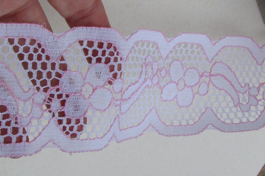 Wide (2 and one-quarter inches wide) vintage floral pink and white lace - by the yard